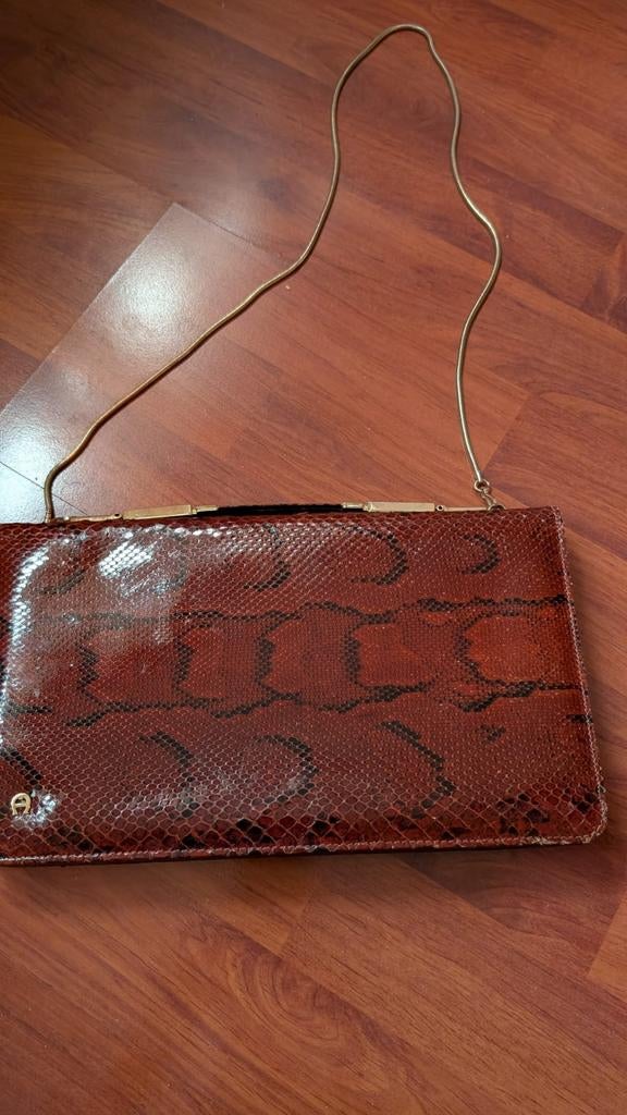 Vintage Ettiene Aigner tasje met Slangenprint, Ophalen of Verzenden, Gebruikt, Bruin, Avondtasje