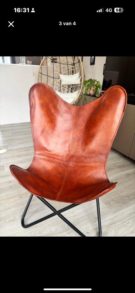 Leren vlinderstoel ZGAN, Huis en Inrichting, Stoelen, Zo goed als nieuw, Eén, Leer, Bruin, Ophalen