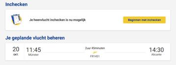 3 vliegtickets ryan air van Munster naar Alicante 20-10 beschikbaar voor biedingen