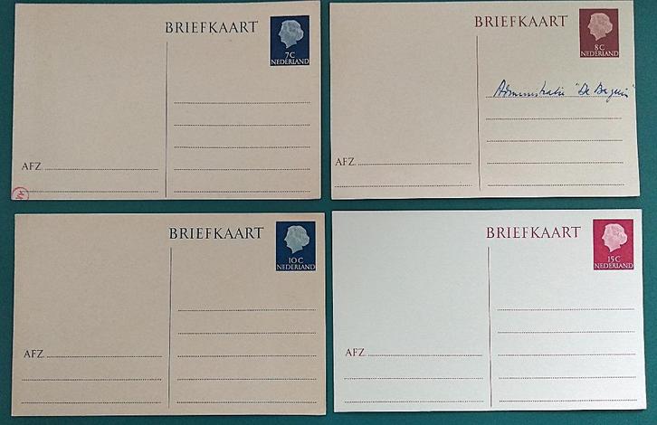 Briefkaart 4x Juliana 7, 8, 10 en 15 cent G.315/319/330/338, Postzegels en Munten, Brieven en Enveloppen | Nederland, Briefkaart