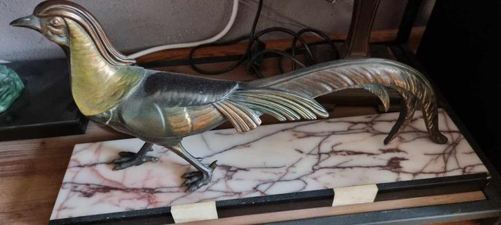 Grote fazant op marmeren plateau - marmer, brons, Antiek en Kunst, Antiek | Koper en Brons, Brons, Verzenden