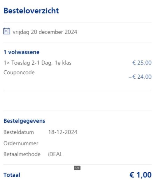 NS kortingscode 1e klas upgrade voor 1 euro, Tickets en Kaartjes, Trein, Bus en Vliegtuig, Eén persoon, Kortingskaartje, Trein