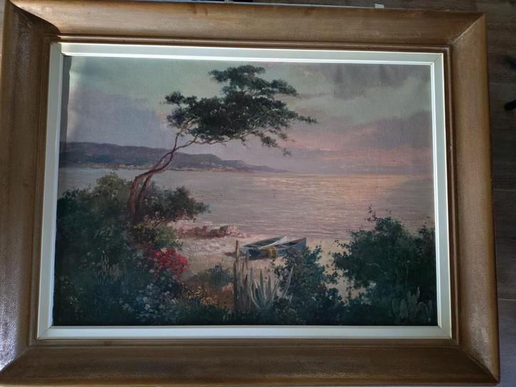 Schilderij met zicht op strandje met bootjes, Antiek en Kunst, Kunst | Schilderijen | Klassiek, Ophalen
