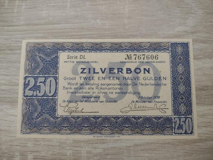 UNC biljet 2,5 gulden 1938, zilverbon, Postzegels en Munten, Bankbiljetten | Nederland, 1 gulden, Ophalen of Verzenden