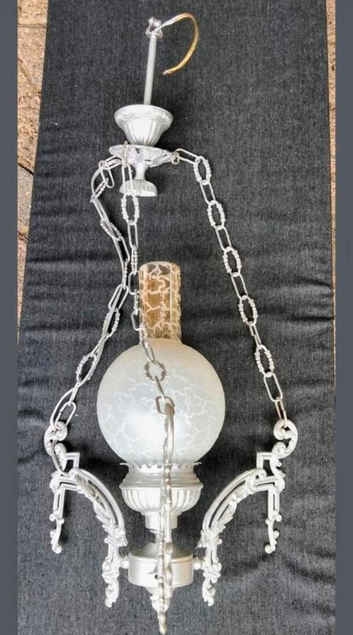 Kroonluchter met melkglazen lampekap, Huis en Inrichting, Lampen | Kroonluchters, Gebruikt, Glas, Metaal, Ophalen of Verzenden