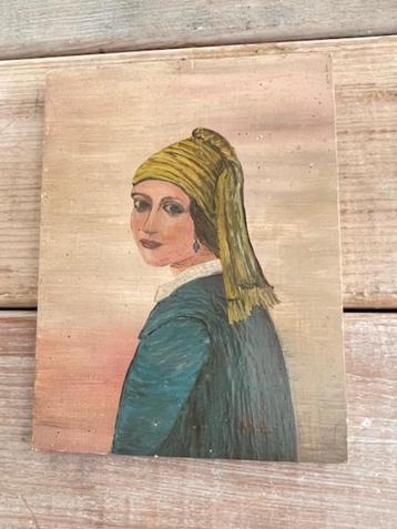Naief schilderij op paneel. Variatie op Meisje met de Parel. beschikbaar voor biedingen