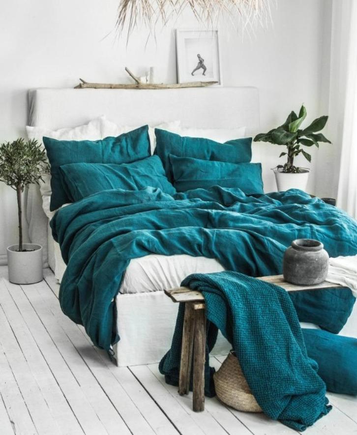 100% linnen dekbedovertrek 240x220 met slopen Pauwblauw, Huis en Inrichting, Slaapkamer | Beddengoed, Nieuw, Dekbedovertrek, Tweepersoons
