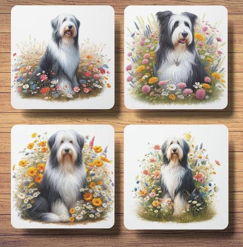Bearded Collie Lente onderzetters met houder, Huis en Inrichting, Woonaccessoires | Onderzetters, Nieuw, Glas of Kopje, Ophalen of Verzenden
