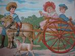 Antieke Blokkendoos Prent / Afbeelding - Kinderen Schaap Kar, Antiek en Kunst, Verzenden