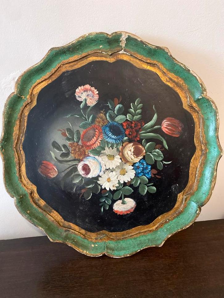 Handbeschilderd Houten Dienblad met Bloemen, Antiek en Kunst, Antiek | Schalen, Ophalen of Verzenden