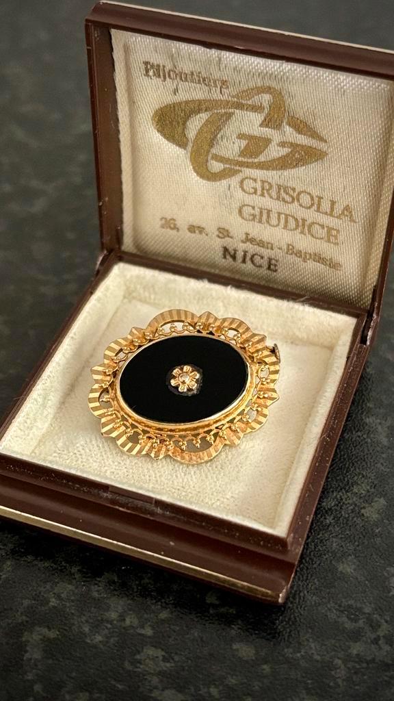 Rouwbroche van goud met zwarte onyx, Sieraden, Tassen en Uiterlijk, Antieke sieraden, Broche, Goud, Ophalen of Verzenden