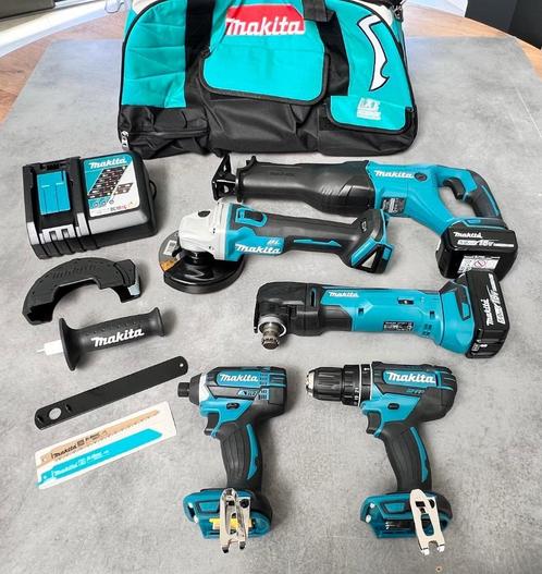 MAKITA 5-DELIGE 18v GEREEDSCHAPSET 5.0AH BOOR SLIJPER REPRO, Doe-het-zelf en Verbouw, Gereedschapskisten, Nieuw, Gevuld, Ophalen of Verzenden