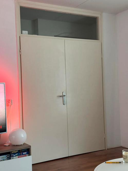 Crème kleurige dubbele binnendeur met kozijn en raam, Doe-het-zelf en Verbouw, Deuren en Horren, Gebruikt, Binnendeur, 200 tot 215 cm