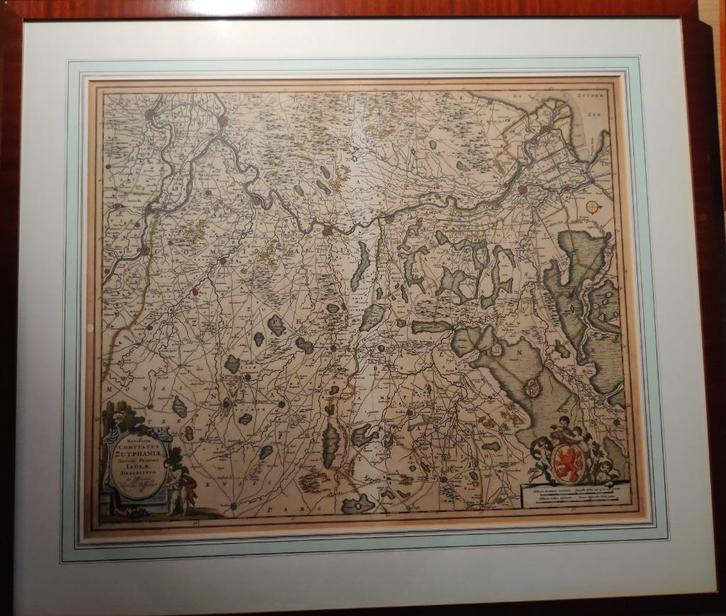 Oude kaart kwartier Zutfen (kopergravure; ingekleurd), Antiek en Kunst, Kunst | Etsen en Gravures, Ophalen