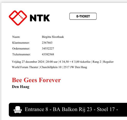 2 stuks Tickets Bee Gees Forever, Tickets en Kaartjes, Concerten | Pop, Twee personen