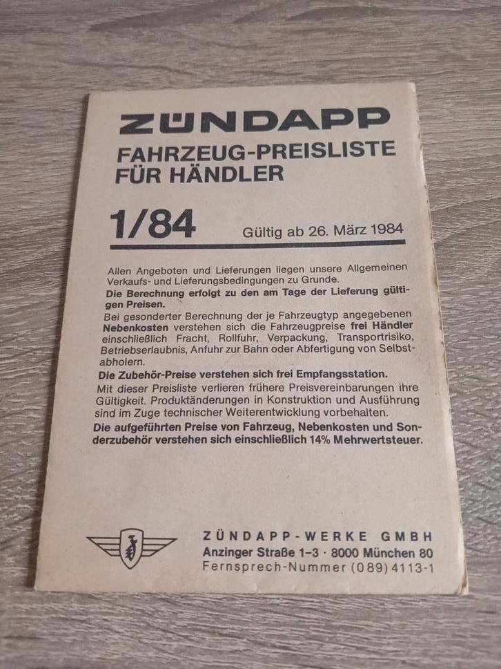 Zundapp prijslijst Duits 1/84 Für Händler, Fietsen en Brommers, Handleidingen en Instructieboekjes, Zo goed als nieuw, Verzenden