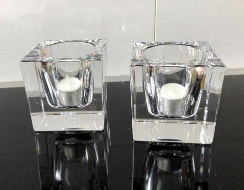 2x Waxinelichthouder Kristal design Ice Cube 7x7x7,5 cm glas, Huis en Inrichting, Woonaccessoires | Kandelaars en Kaarsen, Zo goed als nieuw