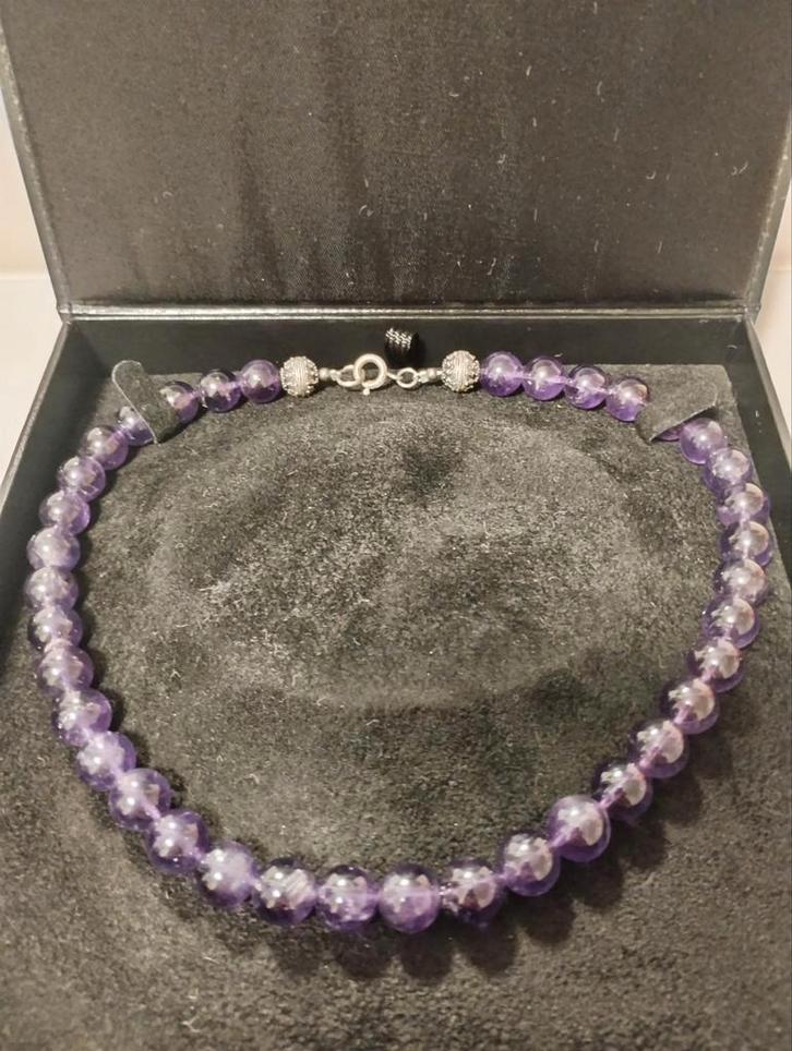 Vintage amethist ketting met verzilverde beans en slot, Sieraden, Tassen en Uiterlijk, Antieke sieraden, Ketting, Overige materialen