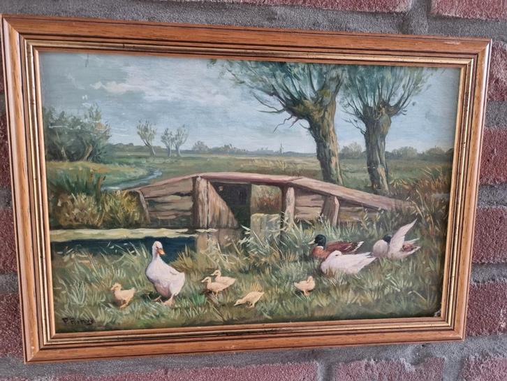 Schilderij met eenden en brug, Antiek en Kunst, Kunst | Schilderijen | Klassiek, Ophalen of Verzenden