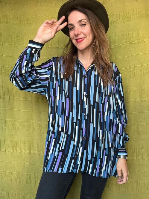 Vintage blouse,  maat 40/42 - L/XL - blauw & paars - 90's, Kleding | Dames, Blouses en Tunieken, Gedragen, Maat 38/40 (M), Blauw