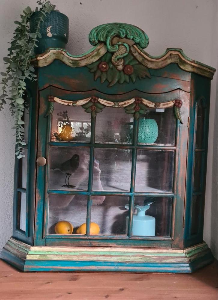 Grote opzetkast vitrinekast servieskast vintage stijl, Huis en Inrichting, Kasten | Vitrinekasten, Zo goed als nieuw, Minder dan 100 cm
