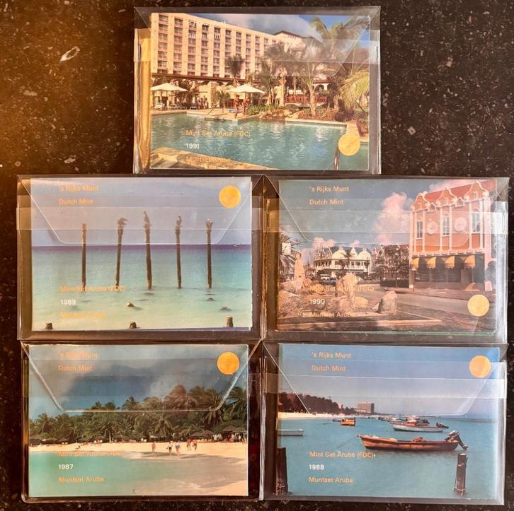5x Muntset Aruba FDC 1987 t/m 1991, Postzegels en Munten, Munten | Nederland, Setje, Overige waardes, Koningin Beatrix, Ophalen of Verzenden