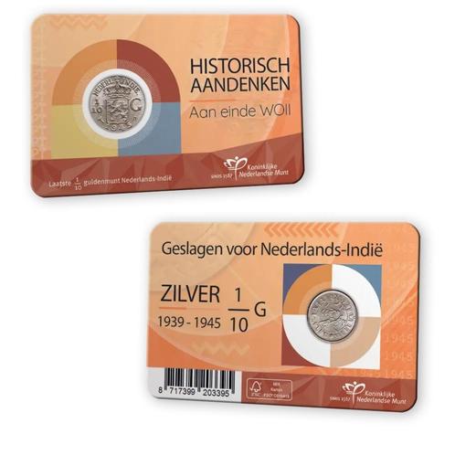 1/10de Gulden Nederlands-Indië 1939 - 1945 in coincard WOII, Postzegels en Munten, Munten | Nederland, 25 cent, Koningin Wilhelmina