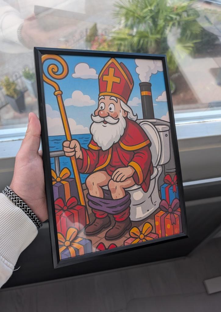 Sinterklaas op de WC - Ingelijste Poster 21x30cm, Antiek en Kunst, Kunst | Overige Kunst, Ophalen of Verzenden