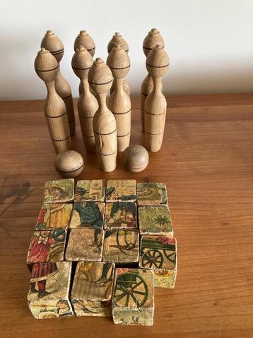 Authentiek vintage houten kegelspel + Oude blokjes puzzel beschikbaar voor biedingen