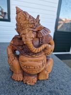 Uniek brocant houten 2 gezichten Ganesh beeld voor en achter, Antiek en Kunst, Ophalen of Verzenden