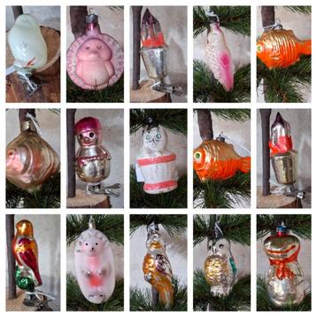 Oude vintage russische kerstballen kaars vlam egel vis vogel beschikbaar voor biedingen