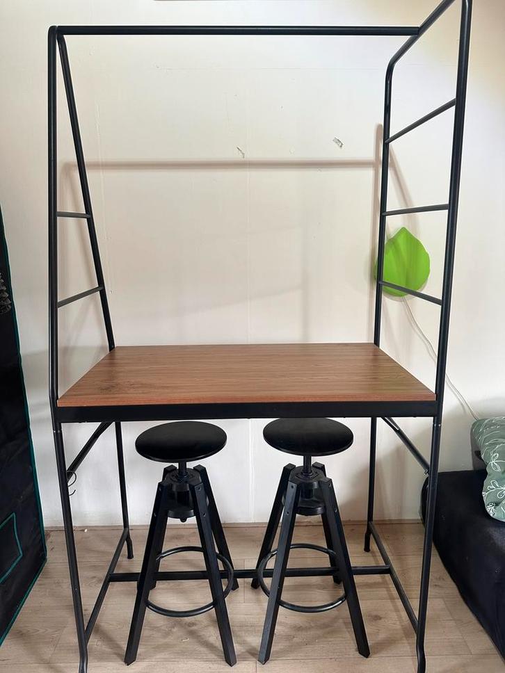 Industrieel Hoge Tafel + 2 Krukken – Loftstijl, Huis en Inrichting, Barren, Zo goed als nieuw, Ophalen of Verzenden