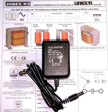 JODEN JOD-3501-09 3V 0.3A ~500mA AC Adapter Lader 2.1x5.5mm beschikbaar voor biedingen