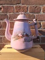 Roze emaille koffiepot met bamboehandvat en landschap., Ophalen of Verzenden