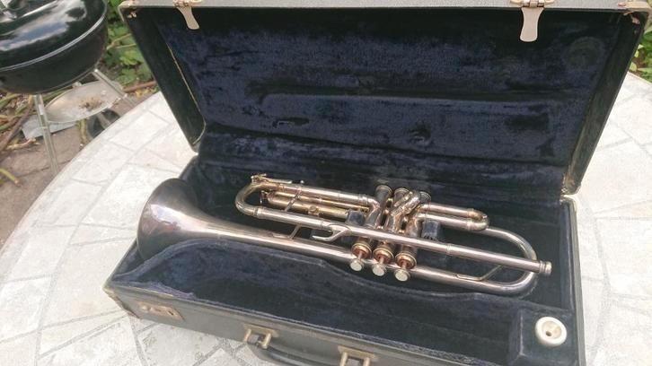 Verzilverde Lark trompet antiek met koffer, Muziek en Instrumenten, Blaasinstrumenten | Trompetten, Gebruikt, Overige typen, Met koffer