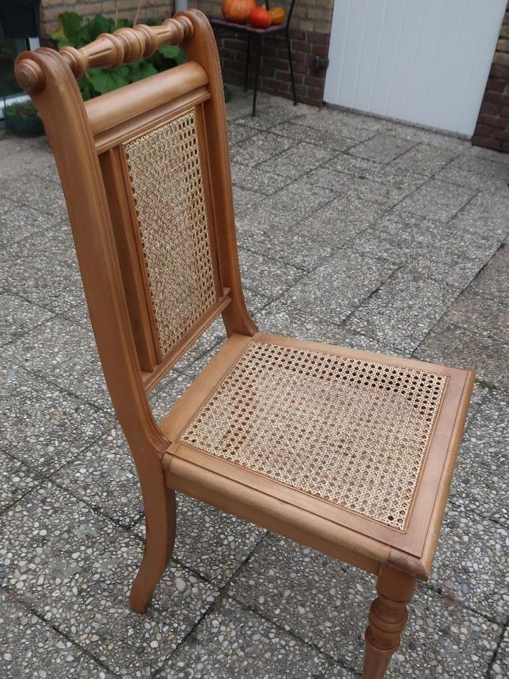 Eetkamerstoelen met webbing zitting en rugleuning, Huis en Inrichting, Stoelen, Gebruikt, Vijf, Zes of meer stoelen, Hout, Riet of Rotan