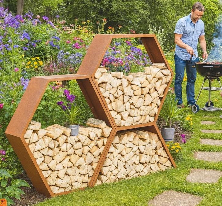 Houtopslag ‘Honingraat 800’ – een pronkstuk van cortenstaal, Tuin en Terras, Bergingen en Tuinkasten, Nieuw, Overige typen, Metaal