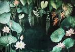 Groene bladeren fotobehang Waterlelie, botanisch behang, Huis en Inrichting, Stoffering | Behang, Verzenden, Minder dan 10 m²