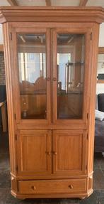 Massief houten hoek-vitrine kast met verlichting, Huis en Inrichting, Ophalen, 200 cm of meer, Eikenhout, Zo goed als nieuw