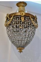 Art deco, baroque plafondlamp met pegels en messing, Huis en Inrichting, Lampen | Kroonluchters, Ophalen of Verzenden, Zo goed als nieuw