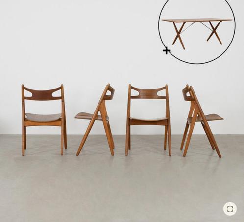 Set van 4 Hans Wegner CH29 Sawbuck Chairs en tafel Carl Hans, Huis en Inrichting, Stoelen, Gebruikt, Vier, Hout, Bruin, Ophalen
