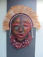 Afrikaanse keramiek masker op houten wandplaat., Ophalen of Verzenden