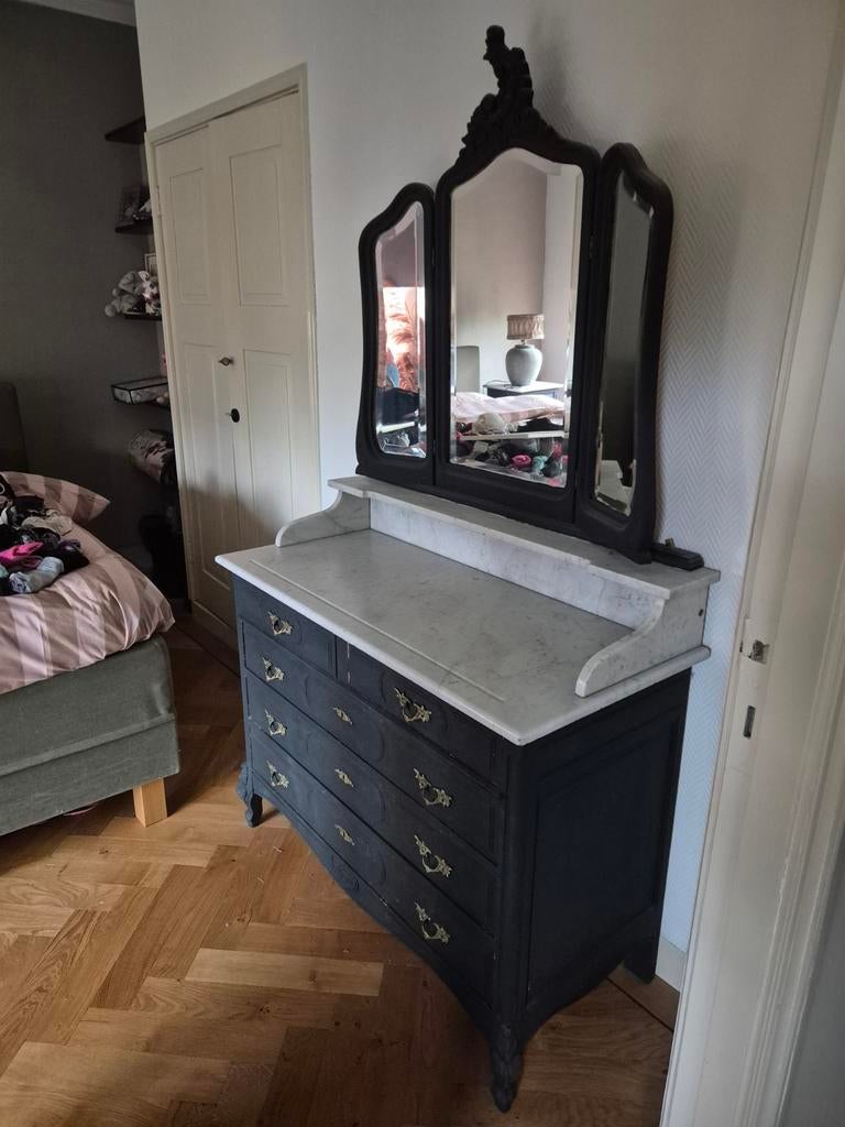 Antieke kaptafel met marmer blad en spiegel, Huis en Inrichting, Kasten | Dressoirs, Antiek, Gebruikt, 100 tot 150 cm, Ophalen of Verzenden