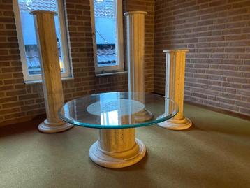 Echt travertin marmeren salontafel - massief, rond glasblad beschikbaar voor biedingen
