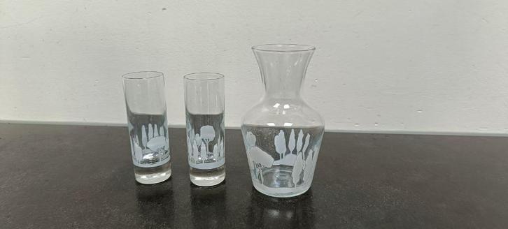gegraveerde karaf met bijpassende glaasjes, Verzamelen, Glas en Borrelglaasjes, Zo goed als nieuw, Overige typen, Ophalen of Verzenden