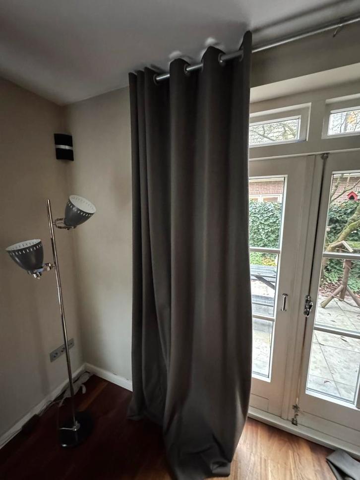 Overgordijnen canvas look, antraciet/beige, incl. roede, Huis en Inrichting, Stoffering | Gordijnen en Lamellen, Gebruikt, 200 cm of meer