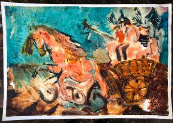 Schilderij paard en wagen beschikbaar voor biedingen