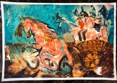 Schilderij paard en wagen, Antiek en Kunst, Kunst | Schilderijen | Modern, Ophalen of Verzenden
