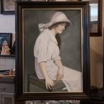 Victoriaans schilderij van een dame met hoed, Ophalen of Verzenden