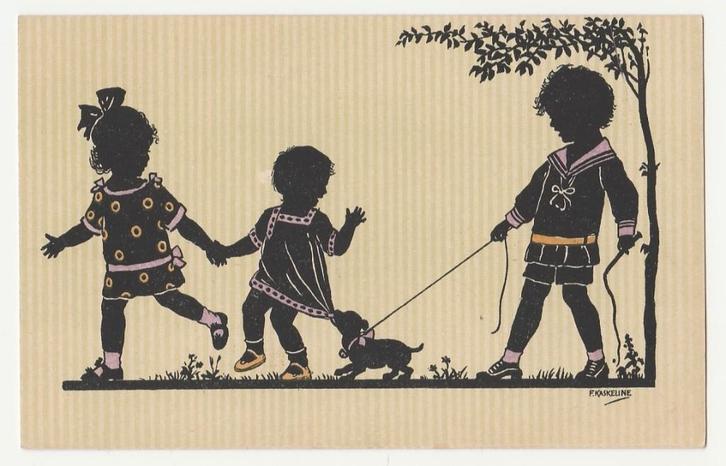 Kinderen met hondje.  F. Kaskeline.   Illustrateurs., Verzamelen, Ansichtkaarten | Themakaarten, Ongelopen, Voor 1920, Overige thema's